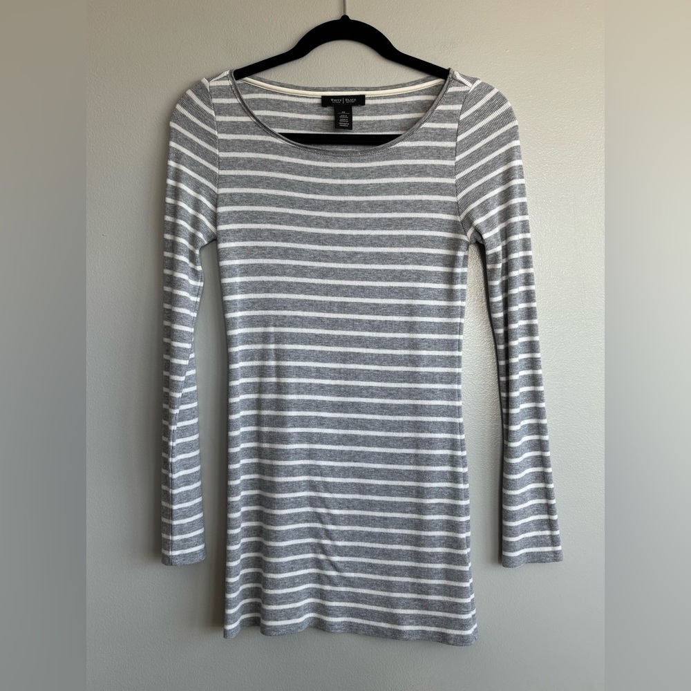 White House Black Market Gray White Stripe Ribbed Long Sleeve Top Size XSmall